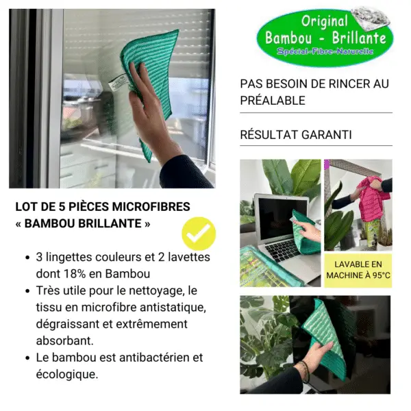 Lot de 5 pièces microfibre "Bambou Brillante" :3 lingettes couleurs et 2 lavettes dont 18% en Bambou – Image 7